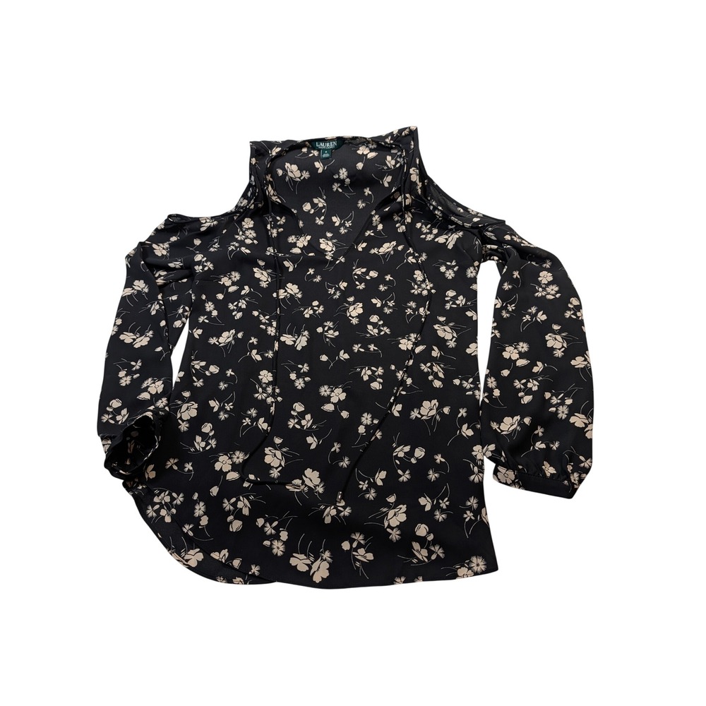 Lauren Ralph Lauren Women Cold Shoulder Floral Blouse M Black Cream